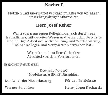 Traueranzeige von Josef Reher von trauer.wuppertaler-rundschau.de