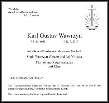 Traueranzeige von Karl Gustav Wawrzyn von trauer.duesseldorfer-anzeiger.de