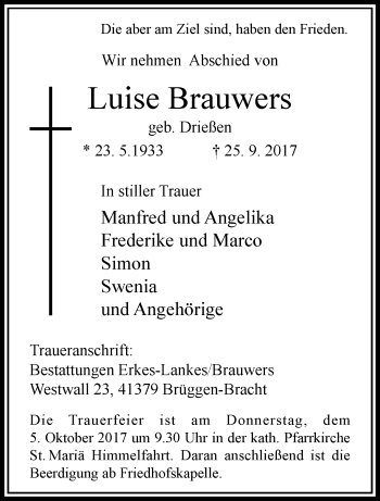 Traueranzeige von Luise Brauavers von trauer.extra-tipp-moenchengladbach.de