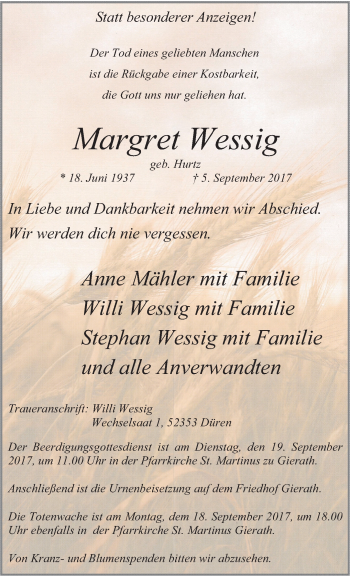 Traueranzeige von Margret Wessig von trauer.stadt-kurier.de