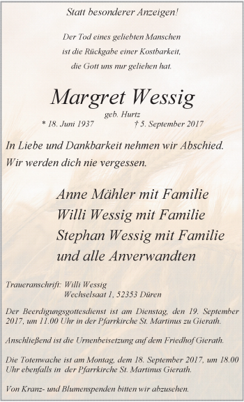 Traueranzeige von Margret Wessig von trauer.stadt-kurier.de