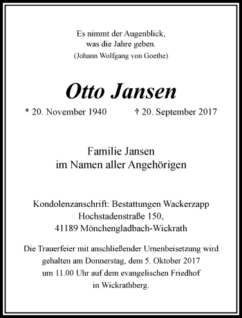 Traueranzeige von Otto Jansen von trauer.extra-tipp-moenchengladbach.de