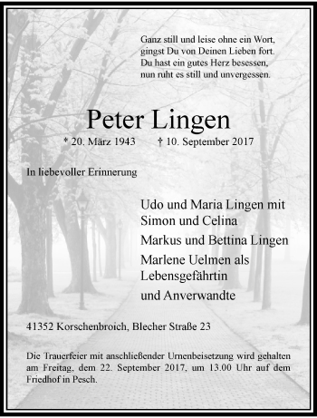 Traueranzeige von Peter Lingen von trauer.extra-tipp-moenchengladbach.de