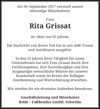 Traueranzeige von Rita Grissat von trauer.wuppertaler-rundschau.de