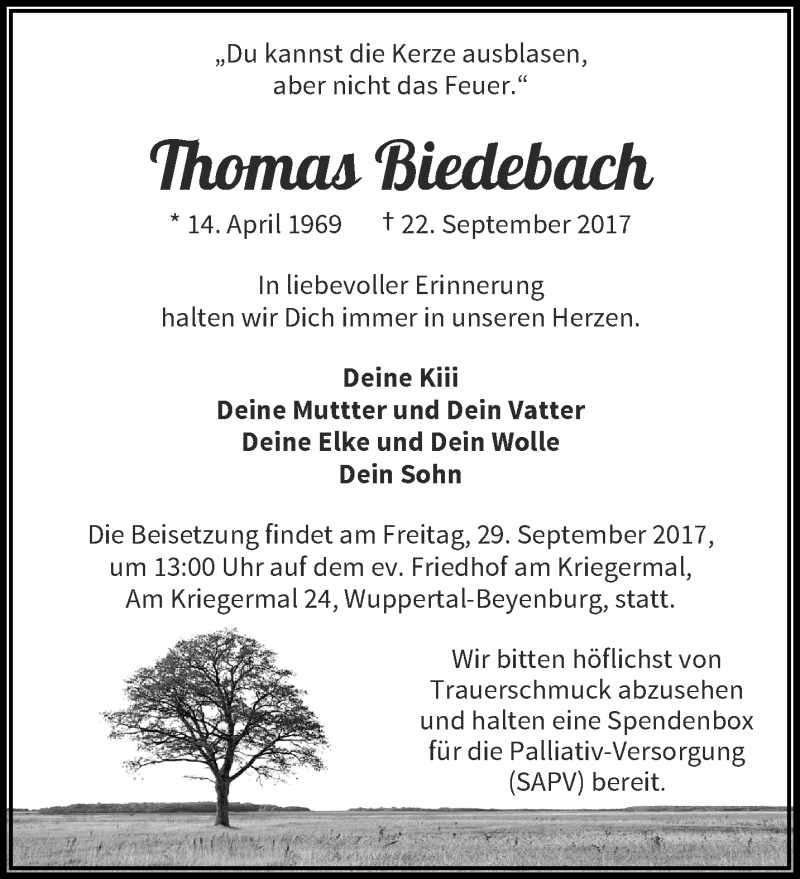  Traueranzeige für Thomas Biedebach vom 27.09.2017 aus trauer.wuppertaler-rundschau.de