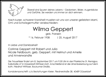 Traueranzeige von Wilma Geppert von trauer.extra-tipp-moenchengladbach.de