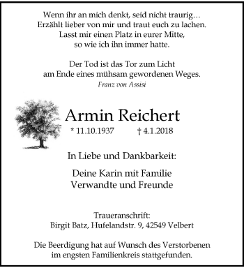 Traueranzeige von Armin Reichert von trauer.wuppertaler-rundschau.de