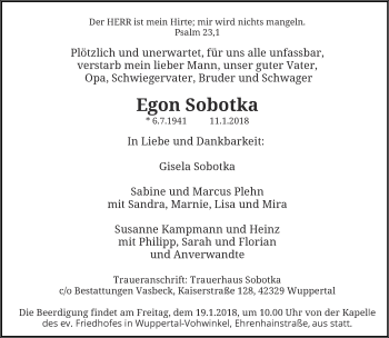 Traueranzeige von Egon Sobotka von trauer.wuppertaler-rundschau.de