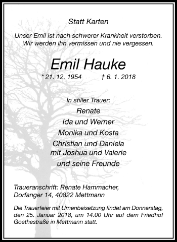 Traueranzeige von Emil Hauke von trauer.duesseldorfer-anzeiger.de