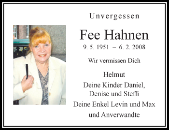 Traueranzeige von Fee Hahnen von trauer.extra-tipp-moenchengladbach.de