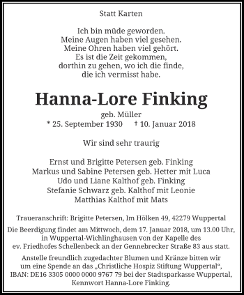 Traueranzeige von Hanna-Lore Finking von trauer.wuppertaler-rundschau.de