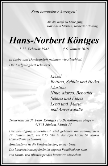 Traueranzeige von Hans-Norbert Köntges von trauer.stadt-kurier.de