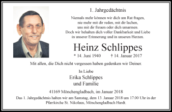 Traueranzeige von Heinz Schlippes von trauer.extra-tipp-moenchengladbach.de