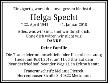 Traueranzeige von Helga Specht von trauer.duesseldorfer-anzeiger.de