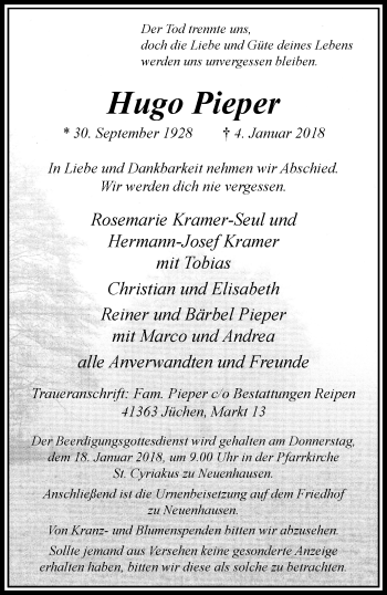 Traueranzeige von Hugo Pieper von trauer.stadt-kurier.de