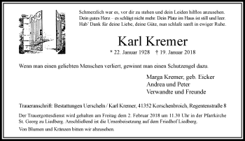 Traueranzeige von Karl Kremer von trauer.extra-tipp-moenchengladbach.de