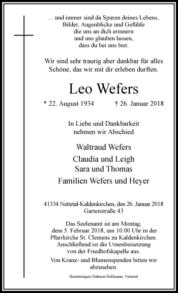 Traueranzeige von Leo Wefers von trauer.extra-tipp-moenchengladbach.de