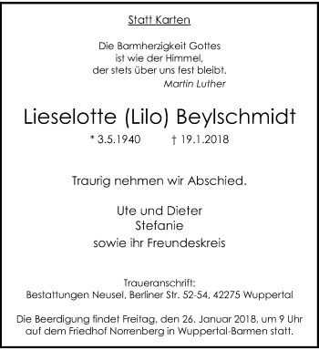 Traueranzeige von Lieselotte Lilo Beylschmidt von trauer.wuppertaler-rundschau.de