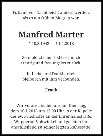 Traueranzeige von Manfred Marter von trauer.wuppertaler-rundschau.de