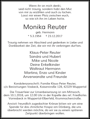 Traueranzeige von Monika Reuter von trauer.wuppertaler-rundschau.de