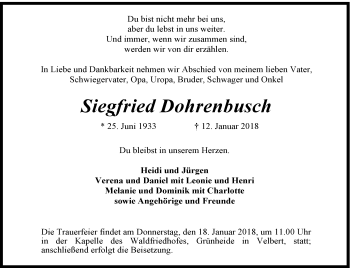 Traueranzeige von Siegfried Dohrenbusch von trauer.wuppertaler-rundschau.de