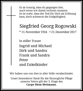 Traueranzeige von Siegfried Georg Rogowski von trauer.duesseldorfer-anzeiger.de