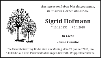 Traueranzeige von Sigrid Hofmann von trauer.wuppertaler-rundschau.de