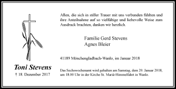 Traueranzeige von Toni Stevens von trauer.extra-tipp-moenchengladbach.de