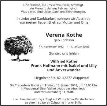 Traueranzeige von Verena Kothe von trauer.wuppertaler-rundschau.de