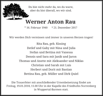 Traueranzeige von Werner Anton Rau von trauer.wuppertaler-rundschau.de