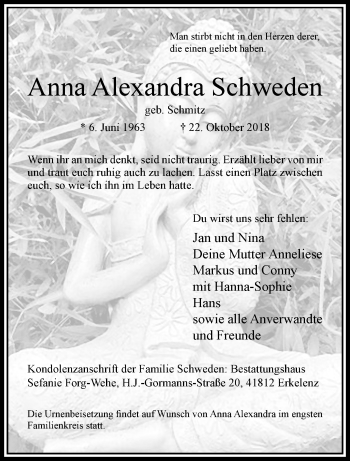 Traueranzeige von Anna Alexandra Schweden von trauer.extra-tipp-moenchengladbach.de