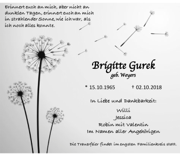 Traueranzeige von Brigitte Gurek von trauer.extra-tipp-moenchengladbach.de