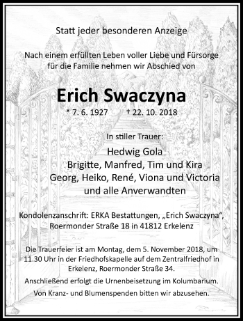 Traueranzeige von Erich Swaczyna von trauer.extra-tipp-moenchengladbach.de