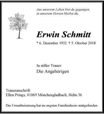 Traueranzeige von Erwin Schmitt von trauer.extra-tipp-moenchengladbach.de