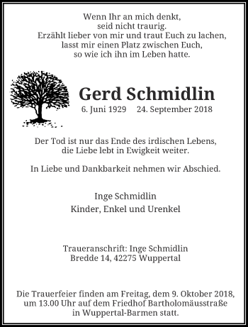 Traueranzeige von Gerd Schmidlin von trauer.wuppertaler-rundschau.de