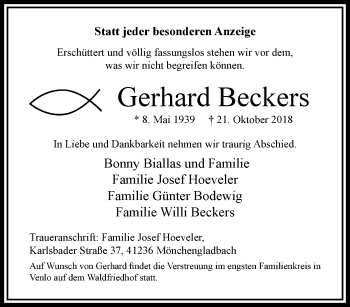 Traueranzeige von Gerhard Beckers von trauer.extra-tipp-moenchengladbach.de