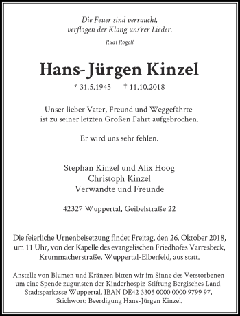Traueranzeige von Hans-Jürgen Kinzel von trauer.wuppertaler-rundschau.de