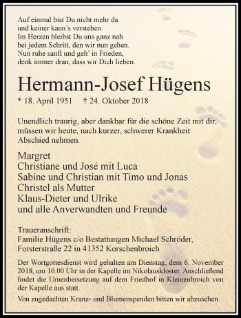 Traueranzeige von Hermann-Josef Hügens von trauer.extra-tipp-moenchengladbach.de