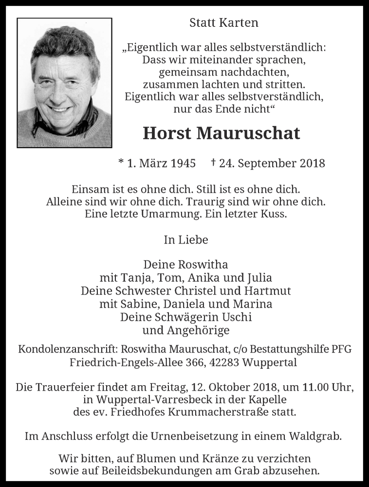 Traueranzeige für Horst Mauruschat vom 06.10.2018 aus trauer.wuppertaler-rundschau.de
