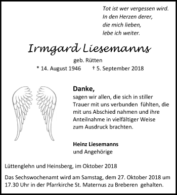 Traueranzeige von Irmgard Liesemanns von trauer.extra-tipp-moenchengladbach.de