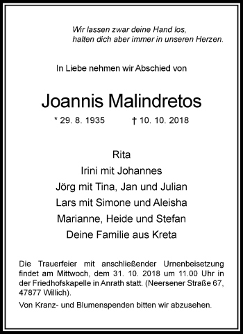 Traueranzeige von Joannis Malindretos von trauer.extra-tipp-moenchengladbach.de