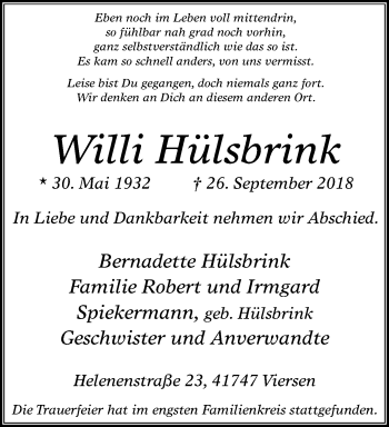 Traueranzeige von Willi Hülsbrink von trauer.extra-tipp-moenchengladbach.de