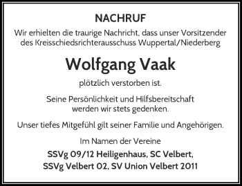 Traueranzeige von Wolfgang Vaak von trauer.wuppertaler-rundschau.de