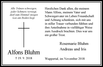 Traueranzeige von Alfons Bluhm von trauer.wuppertaler-rundschau.de