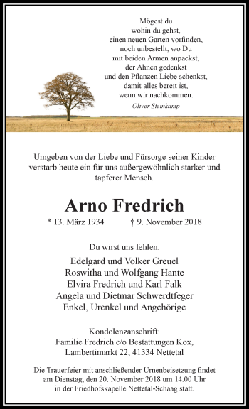 Traueranzeige von Arno Fredrich von trauer.extra-tipp-moenchengladbach.de