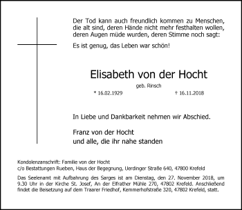 Traueranzeige von Elisabeth von der Hocht von trauer.mein.krefeld.de