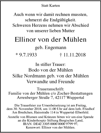 Traueranzeige von Ellinor von der Mühlen von trauer.wuppertaler-rundschau.de