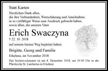 Traueranzeige von Erich Swaczyna von trauer.extra-tipp-moenchengladbach.de