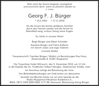 Traueranzeige von Georg F. J. Bürger von trauer.wuppertaler-rundschau.de