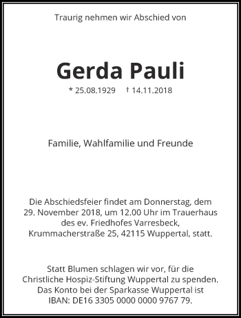 Traueranzeige von Gerda Pauli von trauer.wuppertaler-rundschau.de